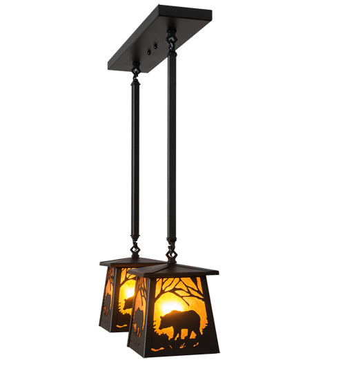 Meyda Lighting Bear at Dawn 24" 2-Light Textured Black Island Pendant Light With Amber Mica Shade Glass