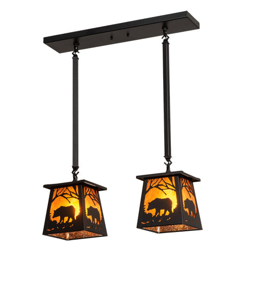Meyda Lighting Bear at Dawn 24" 2-Light Textured Black Island Pendant Light With Amber Mica Shade Glass