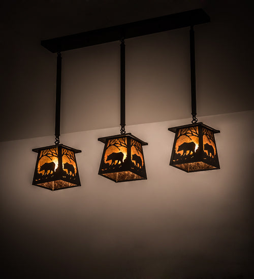 Meyda Lighting Bear at Dawn 37" 3-Light Textured Black Island Pendant Light With Amber Mica Shade Glass
