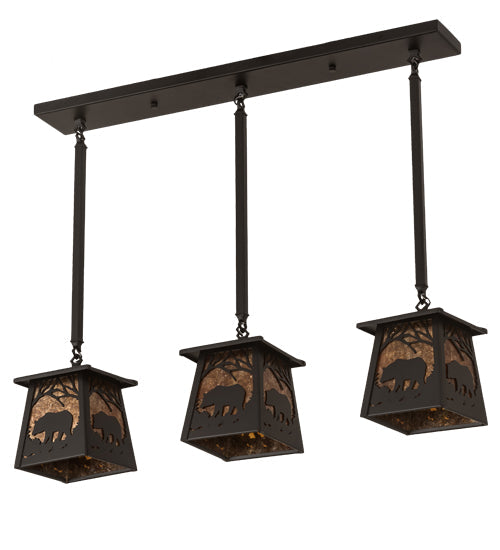 Meyda Lighting Bear at Dawn 37" 3-Light Textured Black Island Pendant Light With Amber Mica Shade Glass