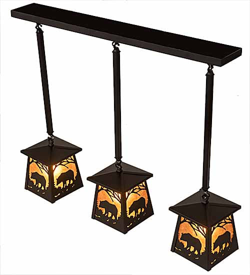 Meyda Lighting Bear at Dawn 37" 3-Light Textured Black Island Pendant Light With Amber Mica Shade Glass