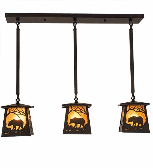 Meyda Lighting Bear at Dawn 37" 3-Light Textured Black Island Pendant Light With Amber Mica Shade Glass