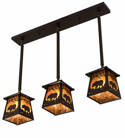 Meyda Lighting Bear at Dawn 37" 3-Light Textured Black Island Pendant Light With Amber Mica Shade Glass