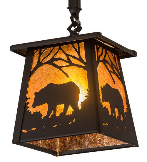 Meyda Lighting Bear at Dawn 37" 3-Light Textured Black Island Pendant Light With Amber Mica Shade Glass