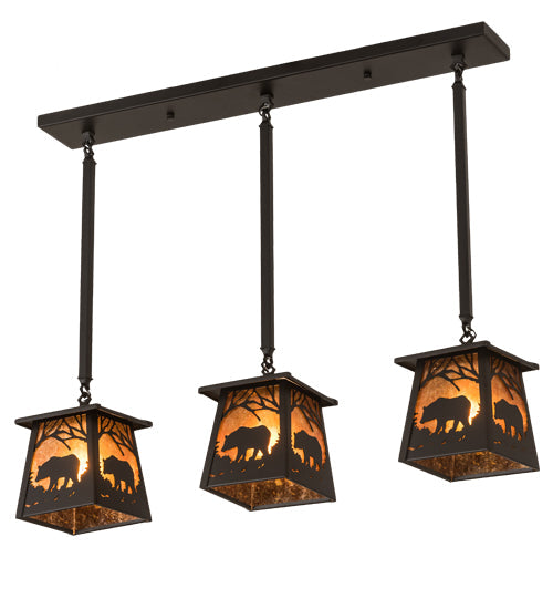 Meyda Lighting Bear at Dawn 37" 3-Light Textured Black Island Pendant Light With Amber Mica Shade Glass