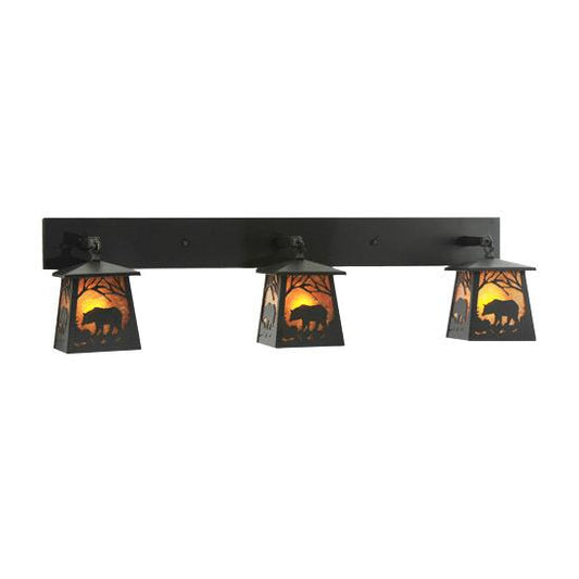Meyda Lighting Bear at Dawn 48" 3-Light Black Wall Sconce With Amber Mica Shade Glass