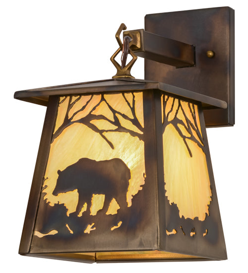 Meyda Lighting Bear at Dawn 7" Dark Burnished Antique Copper Hanging Wall Sconce With Beige Iridescent Shade Glass