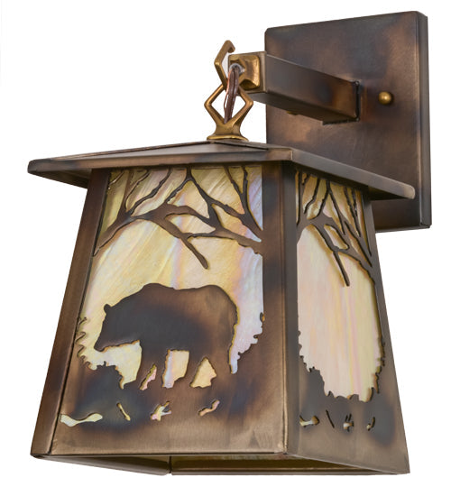 Meyda Lighting Bear at Dawn 7" Dark Burnished Antique Copper Hanging Wall Sconce With Beige Iridescent Shade Glass