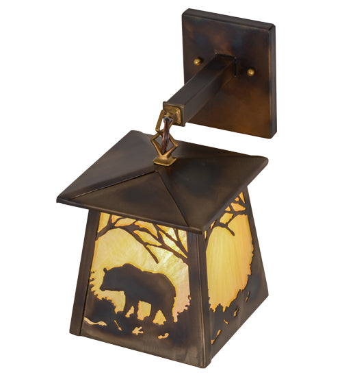 Meyda Lighting Bear at Dawn 7" Dark Burnished Antique Copper Hanging Wall Sconce With Beige Iridescent Shade Glass