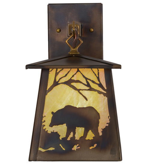 Meyda Lighting Bear at Dawn 7" Dark Burnished Antique Copper Hanging Wall Sconce With Beige Iridescent Shade Glass
