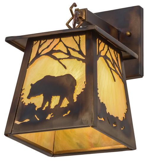 Meyda Lighting Bear at Dawn 7" Dark Burnished Antique Copper Hanging Wall Sconce With Beige Iridescent Shade Glass
