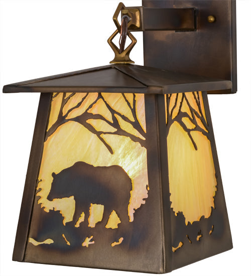 Meyda Lighting Bear at Dawn 7" Dark Burnished Antique Copper Hanging Wall Sconce With Beige Iridescent Shade Glass