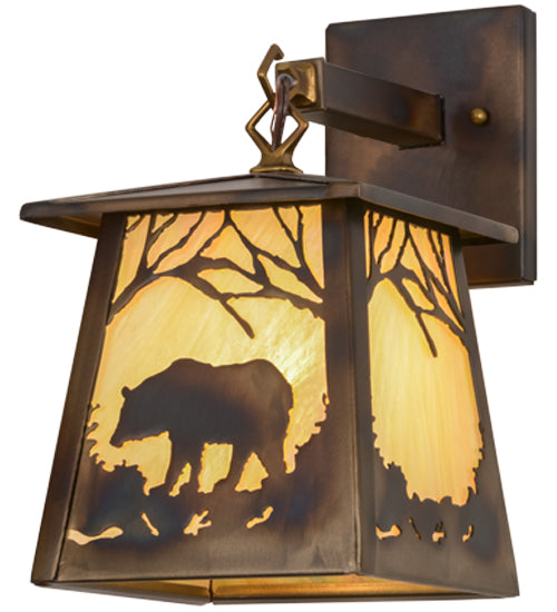 Meyda Lighting Bear at Dawn 7" Dark Burnished Antique Copper Hanging Wall Sconce With Beige Iridescent Shade Glass