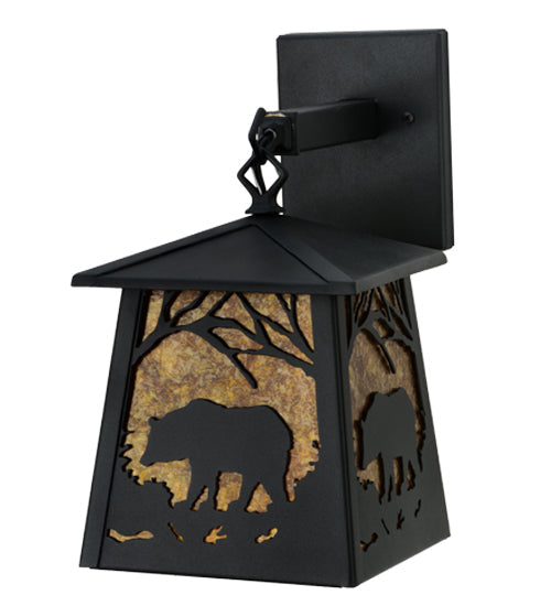 Meyda Lighting Bear at Dawn 7" Textured Black Hanging Wall Sconce With Amber Mica Shade Glass