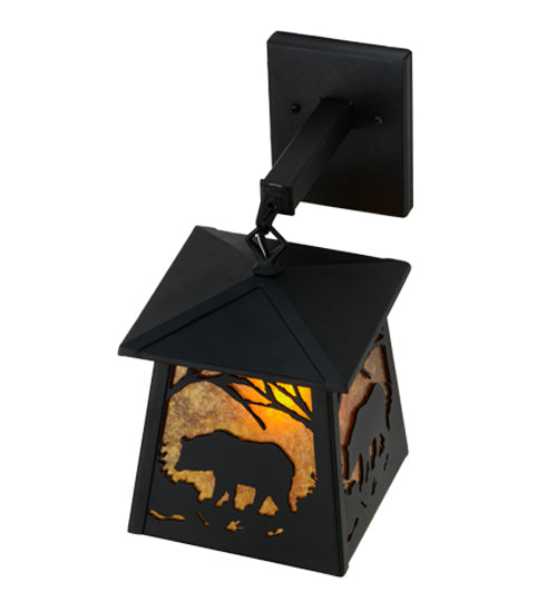 Meyda Lighting Bear at Dawn 7" Textured Black Hanging Wall Sconce With Amber Mica Shade Glass