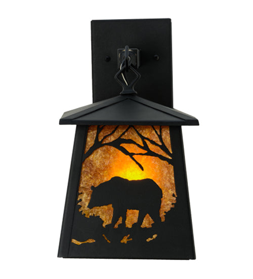 Meyda Lighting Bear at Dawn 7" Textured Black Hanging Wall Sconce With Amber Mica Shade Glass