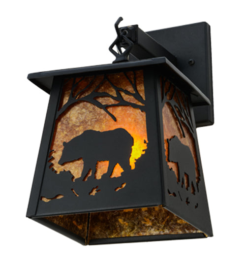 Meyda Lighting Bear at Dawn 7" Textured Black Hanging Wall Sconce With Amber Mica Shade Glass