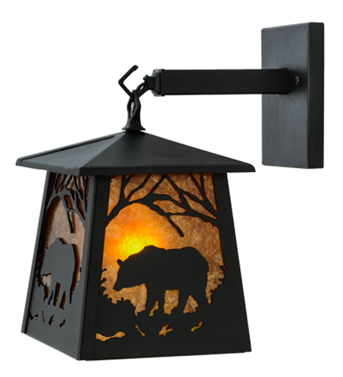 Meyda Lighting Bear at Dawn 7" Textured Black Hanging Wall Sconce With Amber Mica Shade Glass