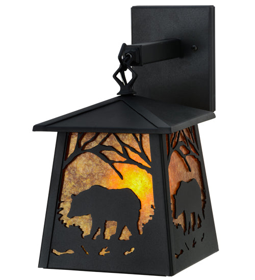 Meyda Lighting Bear at Dawn 7" Textured Black Hanging Wall Sconce With Amber Mica Shade Glass