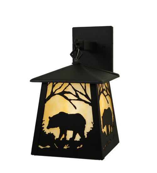 Meyda Lighting Bear at Dawn 8" Textured Black Hanging Wall Sconce With Beige Art Shade Glass