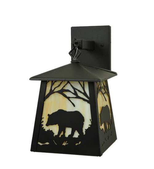 Meyda Lighting Bear at Dawn 8" Textured Black Hanging Wall Sconce With Beige Art Shade Glass