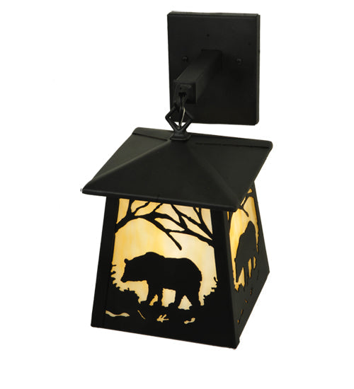 Meyda Lighting Bear at Dawn 8" Textured Black Hanging Wall Sconce With Beige Art Shade Glass