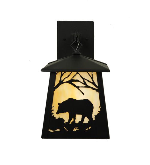 Meyda Lighting Bear at Dawn 8" Textured Black Hanging Wall Sconce With Beige Art Shade Glass