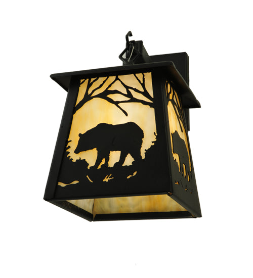 Meyda Lighting Bear at Dawn 8" Textured Black Hanging Wall Sconce With Beige Art Shade Glass