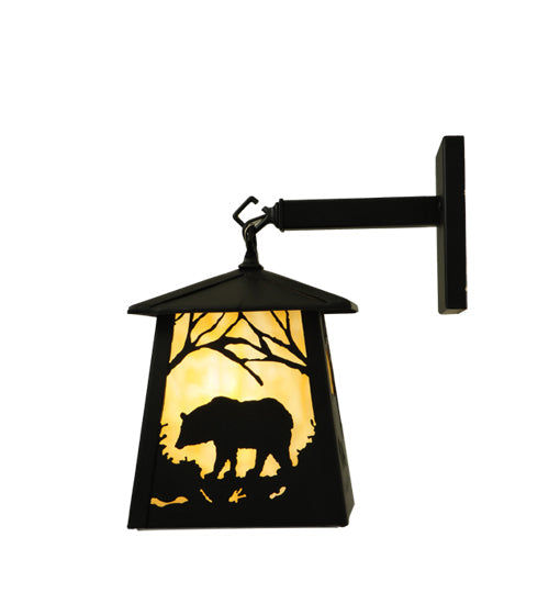 Meyda Lighting Bear at Dawn 8" Textured Black Hanging Wall Sconce With Beige Art Shade Glass
