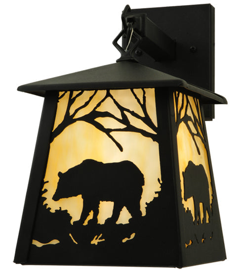 Meyda Lighting Bear at Dawn 8" Textured Black Hanging Wall Sconce With Beige Art Shade Glass