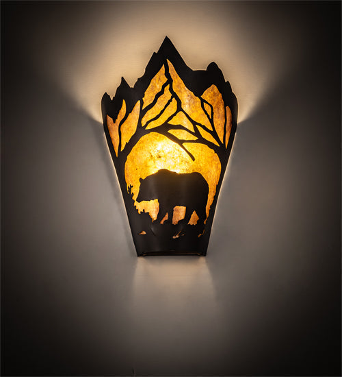 Meyda Lighting Bear at Dawn 8" Textured Black Wall Sconce With Amber Mica Shade Glass