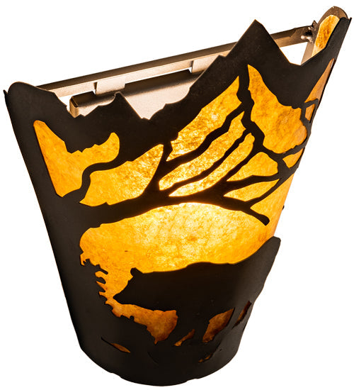 Meyda Lighting Bear at Dawn 8" Textured Black Wall Sconce With Amber Mica Shade Glass