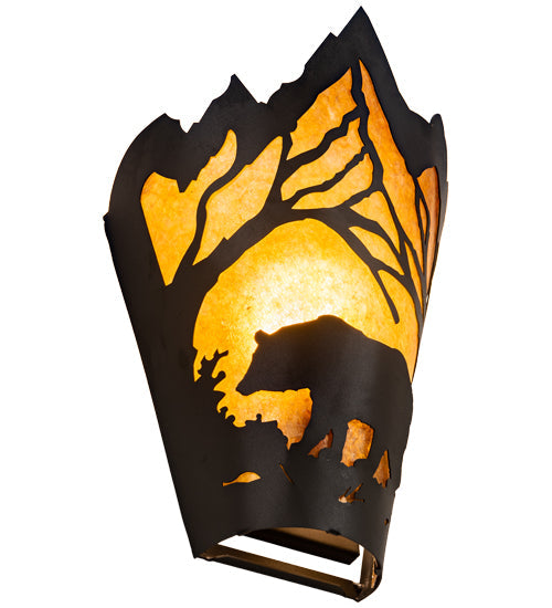 Meyda Lighting Bear at Dawn 8" Textured Black Wall Sconce With Amber Mica Shade Glass