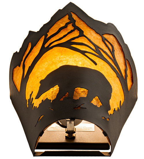 Meyda Lighting Bear at Dawn 8" Textured Black Wall Sconce With Amber Mica Shade Glass