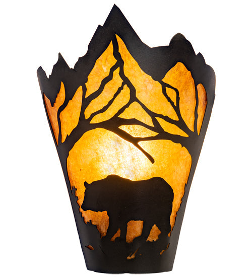 Meyda Lighting Bear at Dawn 8" Textured Black Wall Sconce With Amber Mica Shade Glass