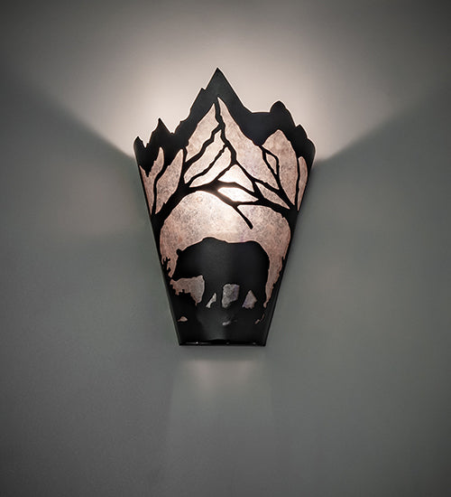 Meyda Lighting Bear at Dawn 8" Textured Black Wall Sconce With Silver Mica Shade Glass