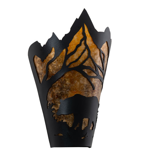 Meyda Lighting Bear at Dawn 9" Textured Black Wall Sconce With Amber Mica Shade Glass