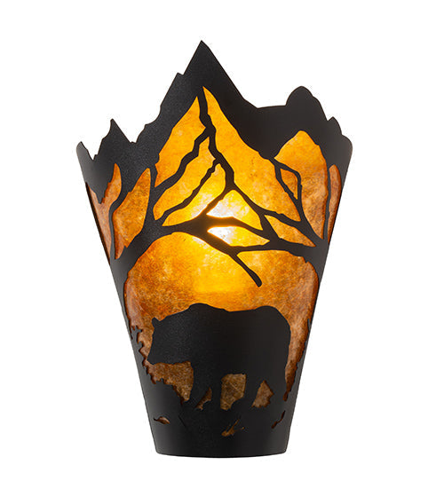 Meyda Lighting Bear at Dawn 9" Textured Black Wall Sconce With Amber Mica Shade Glass