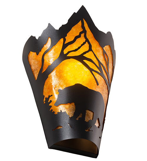 Meyda Lighting Bear at Dawn 9" Textured Black Wall Sconce With Amber Mica Shade Glass