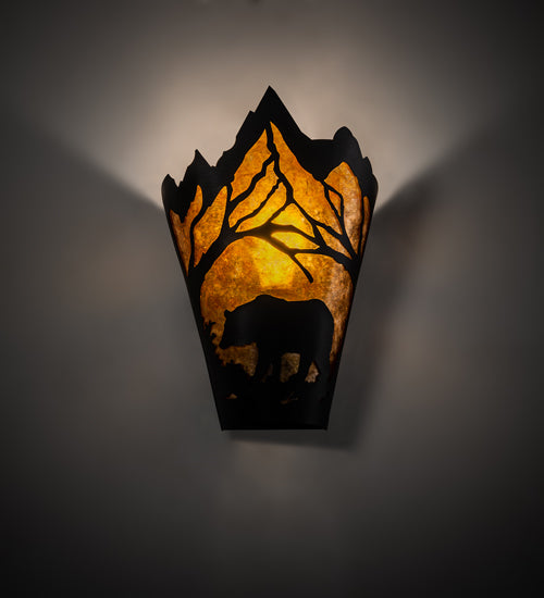 Meyda Lighting Bear at Dawn 9" Textured Black Wall Sconce With Amber Mica Shade Glass