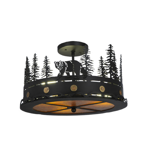 Meyda Lighting Bear at Dusk 16" 3-Light Textured Black Flush Mount Light With Amber Mica Shade Glass