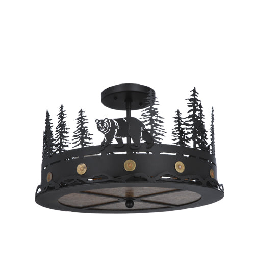 Meyda Lighting Bear at Dusk 16" 3-Light Textured Black Flush Mount Light With Amber Mica Shade Glass
