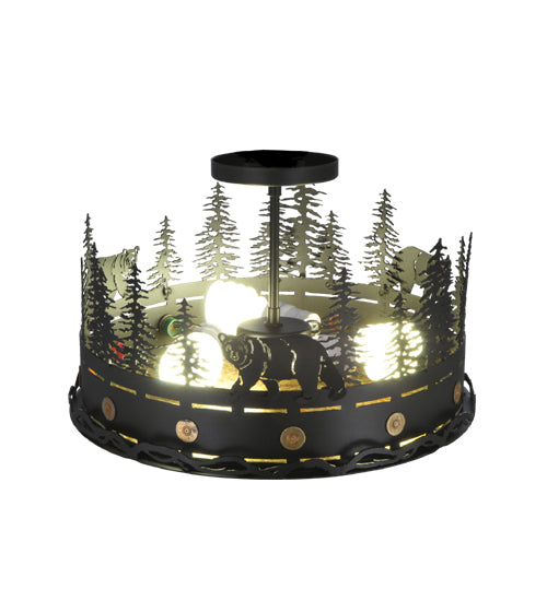 Meyda Lighting Bear at Dusk 16" 3-Light Textured Black Flush Mount Light With Amber Mica Shade Glass