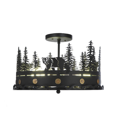 Meyda Lighting Bear at Dusk 16" 3-Light Textured Black Flush Mount Light With Amber Mica Shade Glass