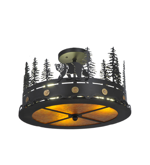 Meyda Lighting Bear at Dusk 16" 3-Light Textured Black Flush Mount Light With Amber Mica Shade Glass