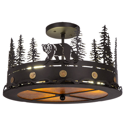 Meyda Lighting Bear at Dusk 16" 3-Light Textured Black Flush Mount Light With Amber Mica Shade Glass
