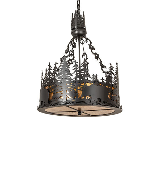 Meyda Lighting Bear at Dusk 22" 4-Light Textured Black Inverted Pendant Light With Amber Mica Shade Glass