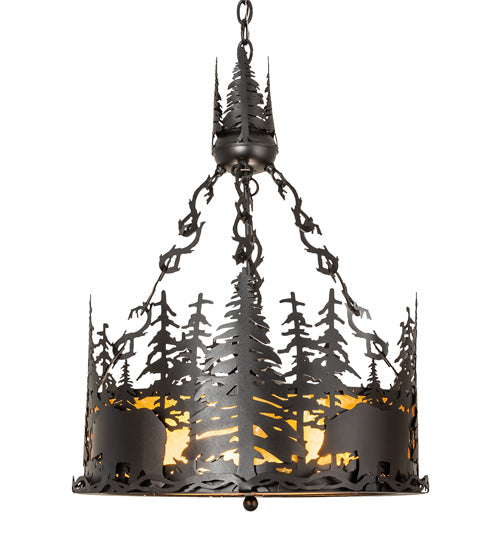 Meyda Lighting Bear at Dusk 22" 4-Light Textured Black Inverted Pendant Light With Amber Mica Shade Glass