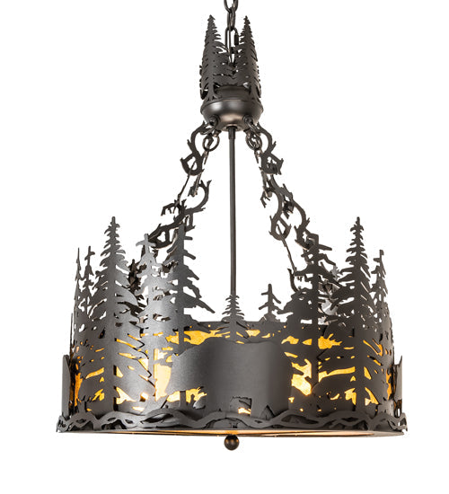 Meyda Lighting Bear at Dusk 22" 4-Light Textured Black Inverted Pendant Light With Amber Mica Shade Glass