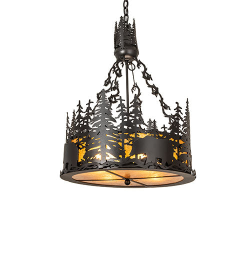 Meyda Lighting Bear at Dusk 22" 4-Light Textured Black Inverted Pendant Light With Amber Mica Shade Glass